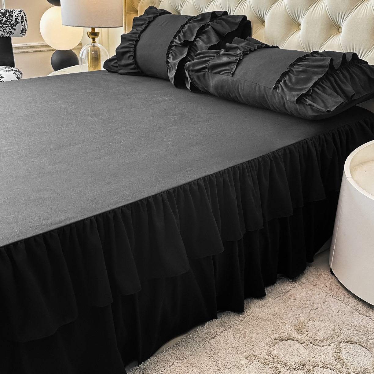 91家纺网 家纺一手货源 找家纺 乐卧家居 2026新款韩系公主风柔软多层荷叶边床裙单品系列 黑