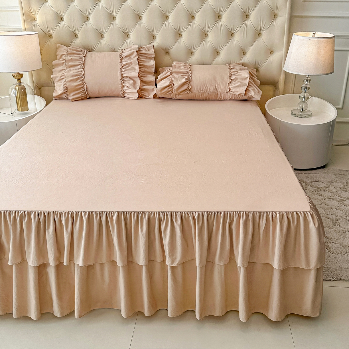 91家纺网 家纺一手货源 找家纺 乐卧家居 2026新款韩系公主风柔软多层荷叶边床裙单品系列 咖