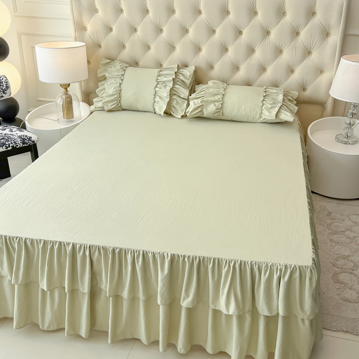 91家纺网 家纺一手货源 找家纺 乐卧家居 2026新款韩系公主风柔软多层荷叶边床裙单品系列 绿