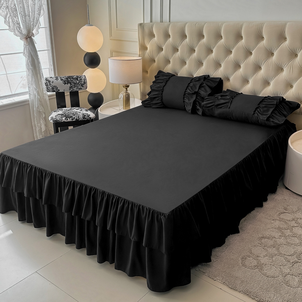 91家纺网 家纺一手货源 找家纺 乐卧家居 2026新款韩系公主风柔软多层荷叶边床裙单品系列 黑