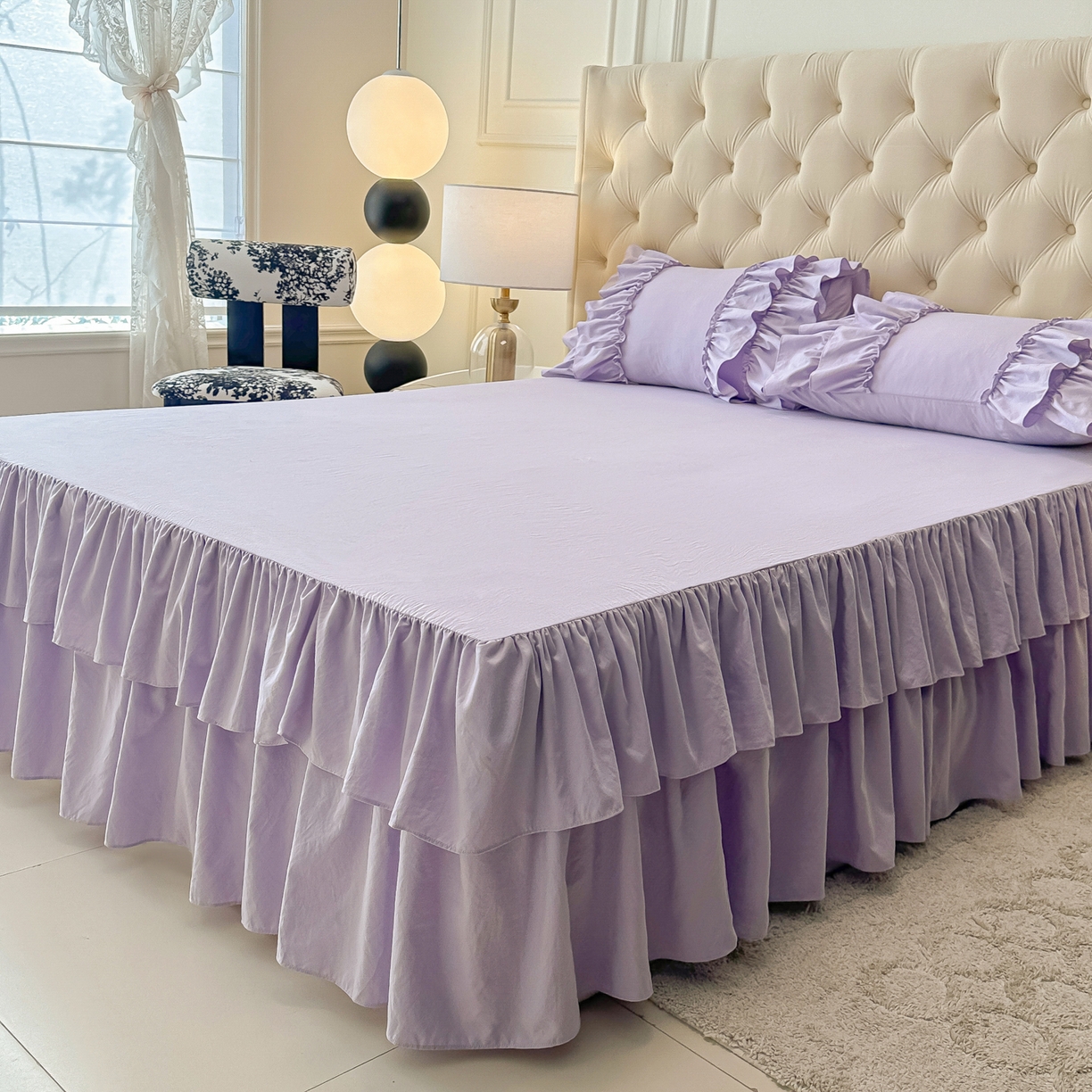 91家纺网 家纺一手货源 找家纺 乐卧家居 2026新款韩系公主风柔软多层荷叶边床裙单品系列 紫