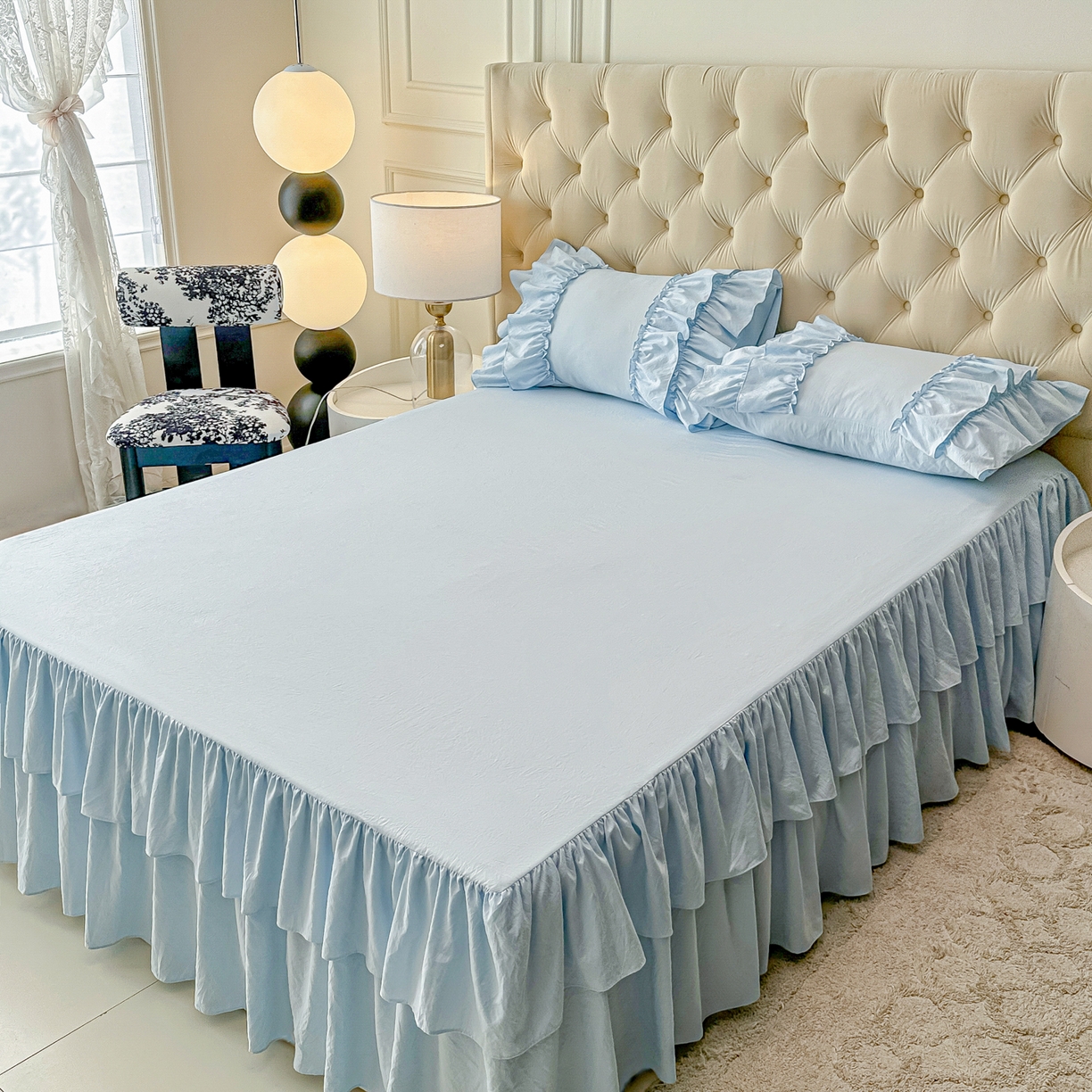 91家纺网 家纺一手货源 找家纺 乐卧家居 2026新款韩系公主风柔软多层荷叶边床裙单品系列 蓝