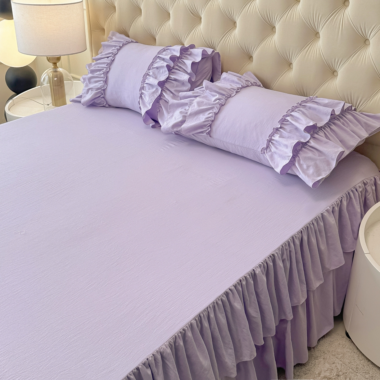 91家纺网 家纺一手货源 找家纺 乐卧家居 2026新款韩系公主风柔软多层荷叶边床裙单品系列 紫