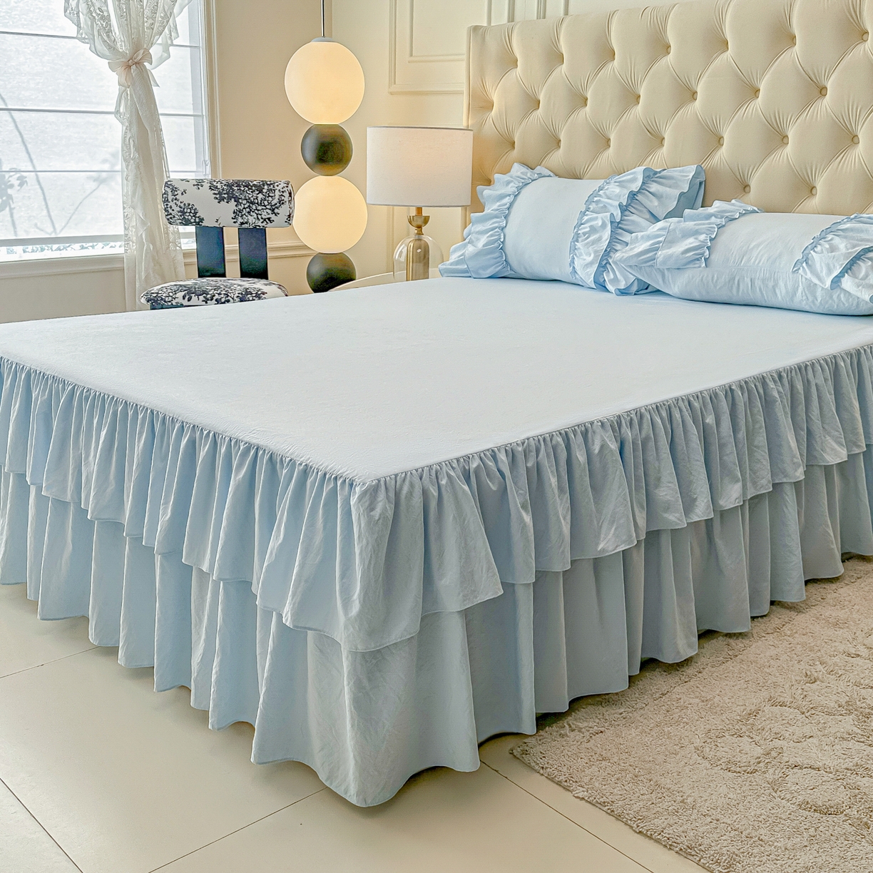 91家纺网 家纺一手货源 找家纺 乐卧家居 2026新款韩系公主风柔软多层荷叶边床裙单品系列 蓝