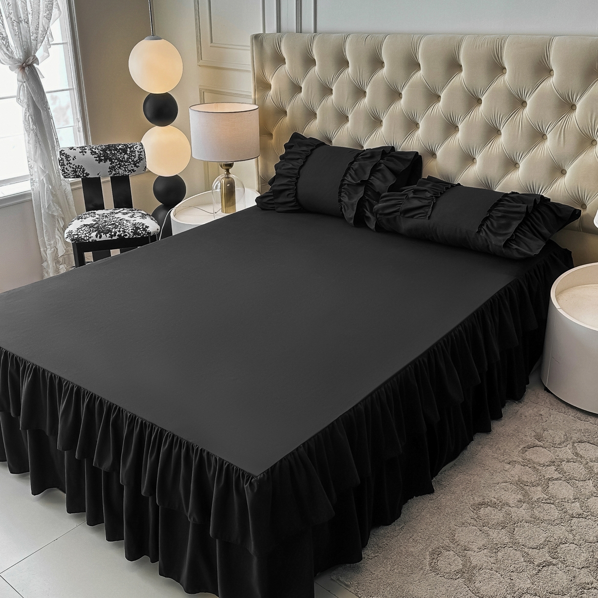 91家纺网 家纺一手货源 找家纺 乐卧家居 2026新款韩系公主风柔软多层荷叶边床裙单品系列 黑