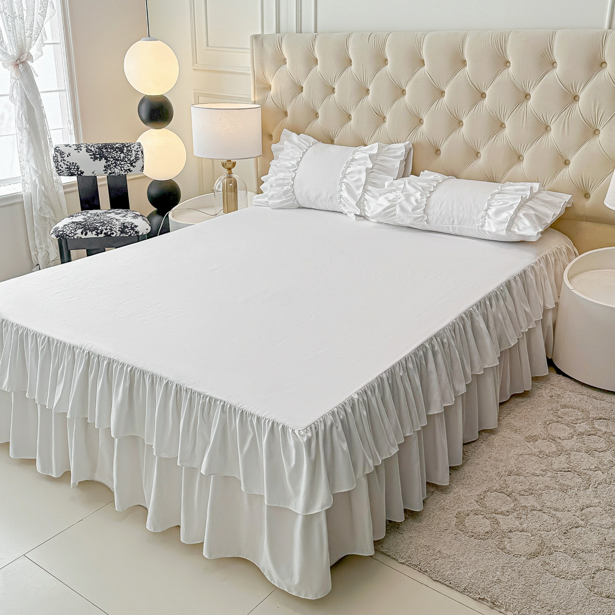 91家纺网 家纺一手货源 找家纺 乐卧家居 2026新款韩系公主风柔软多层荷叶边床裙单品系列 白