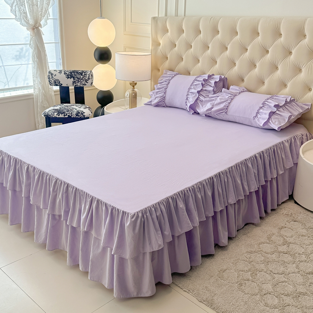 91家纺网 家纺一手货源 找家纺 乐卧家居 2026新款韩系公主风柔软多层荷叶边床裙单品系列 紫