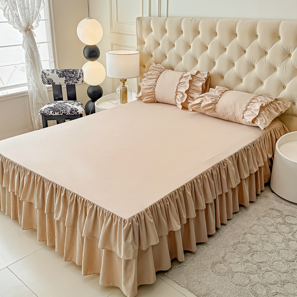 91家纺网 家纺一手货源 找家纺 乐卧家居 2026新款韩系公主风柔软多层荷叶边床裙单品系列 咖