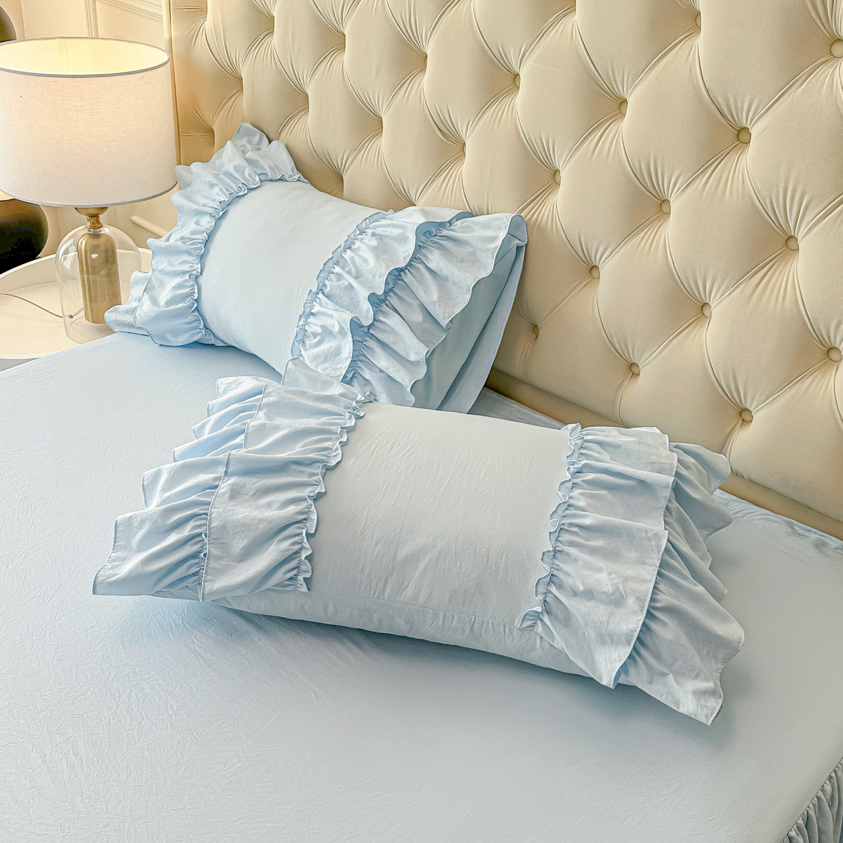 91家纺网 家纺一手货源 找家纺 乐卧家居 2026新款韩系公主风柔软多层荷叶边床裙单品系列 蓝