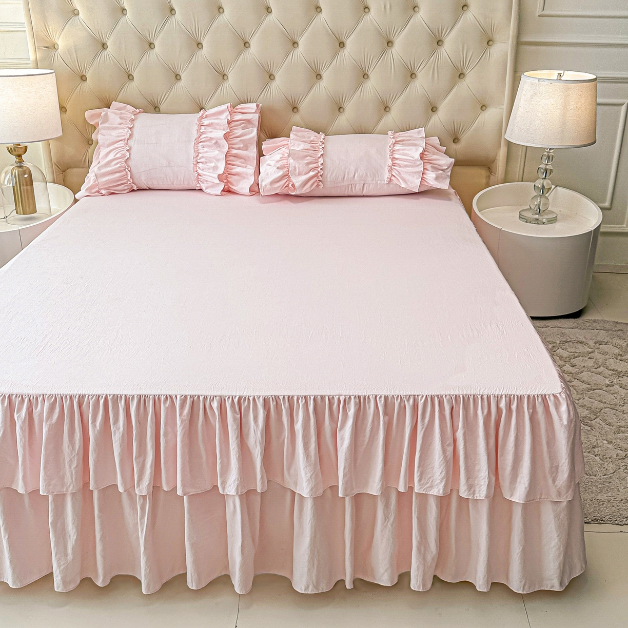 91家纺网 家纺一手货源 找家纺 乐卧家居 2026新款韩系公主风柔软多层荷叶边床裙单品系列 粉