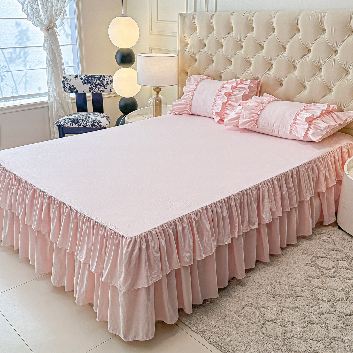 91家纺网 家纺一手货源 找家纺 乐卧家居 2026新款韩系公主风柔软多层荷叶边床裙单品系列 粉