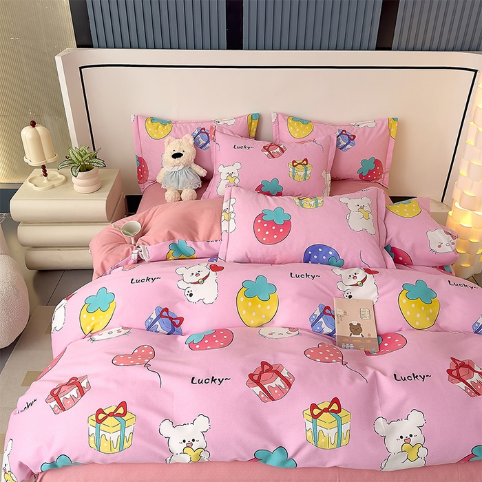 91家纺网 家纺一手货源 找家纺 优品阁 2024新款全棉磨毛四件套单品系列-单被套 萌宠精灵-粉