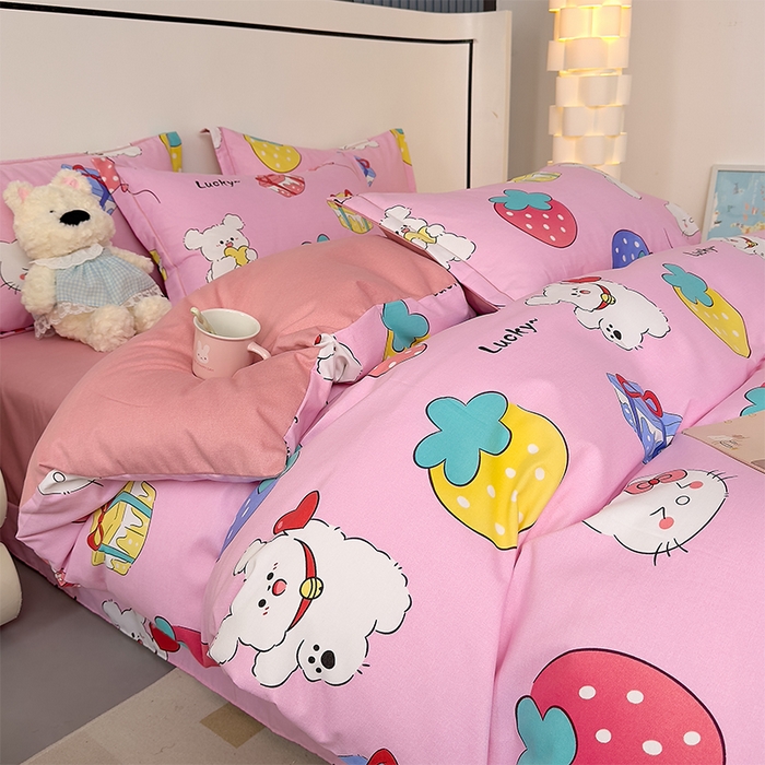 91家纺网 家纺一手货源 找家纺 优品阁 2024新款全棉磨毛四件套单品系列-单被套 萌宠精灵-粉