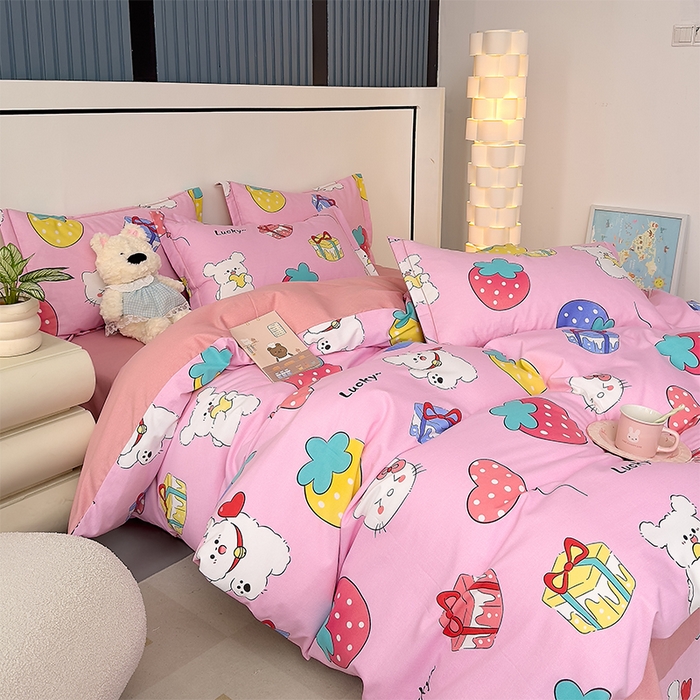 91家纺网 家纺一手货源 找家纺 优品阁 2024新款全棉磨毛四件套单品系列-单被套 萌宠精灵-粉