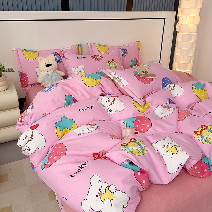 91家纺网 家纺一手货源 找家纺 优品阁 2024新款全棉磨毛四件套单品系列-单被套 萌宠精灵-粉