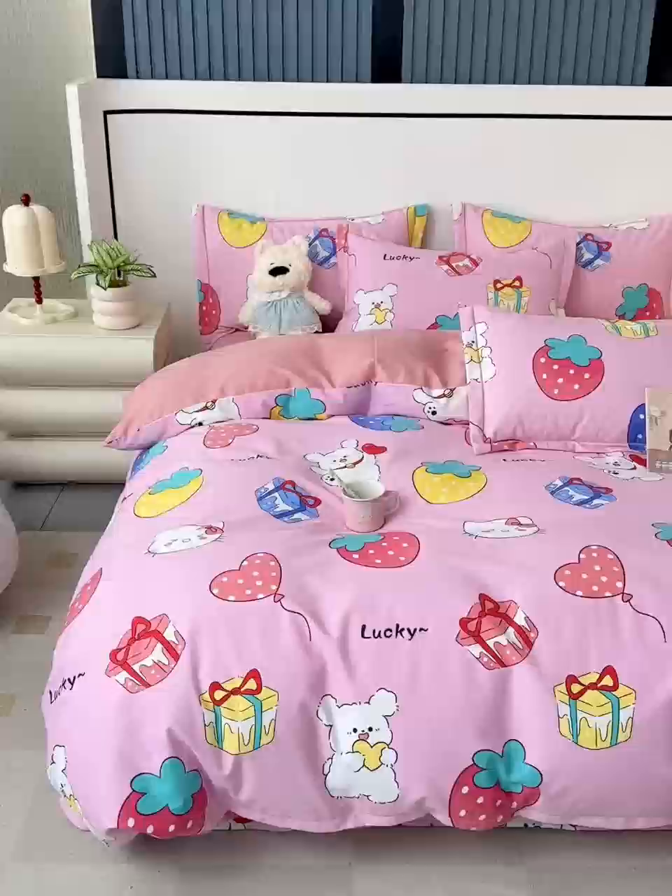 91家纺网 家纺一手货源 找家纺 优品阁 2024新款全棉磨毛四件套单品系列-单被套 萌宠精灵-粉