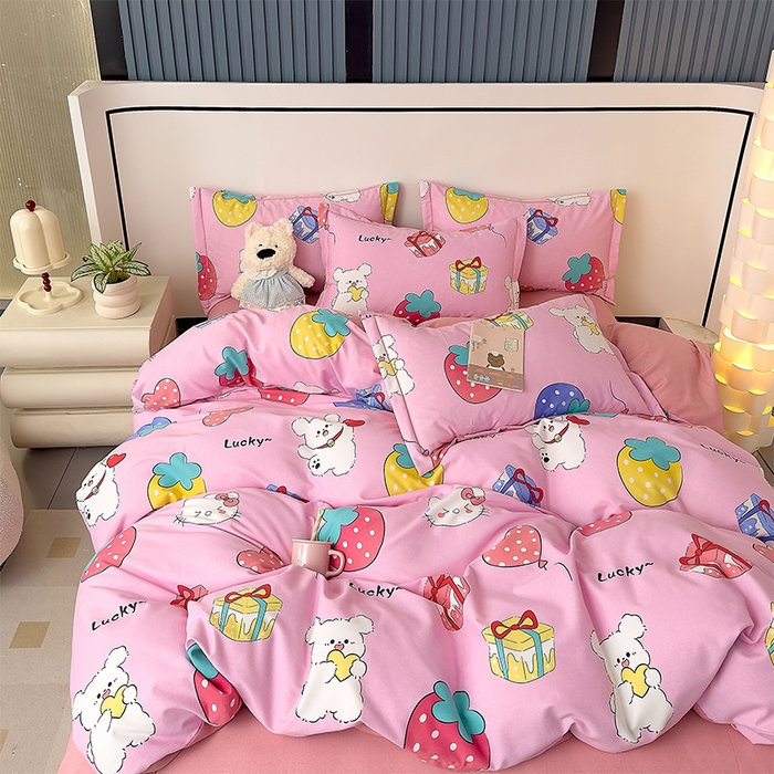 91家纺网 家纺一手货源 找家纺 优品阁 2024新款全棉磨毛四件套单品系列-单被套 萌宠精灵-粉