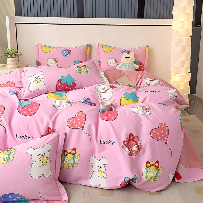 91家纺网 家纺一手货源 找家纺 优品阁 2024新款全棉磨毛四件套单品系列-单被套 萌宠精灵-粉