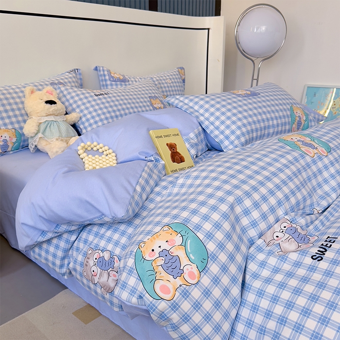 91家纺网 家纺一手货源 找家纺 优品阁 2024新款全棉磨毛四件套单品系列-单被套 喵喵-蓝