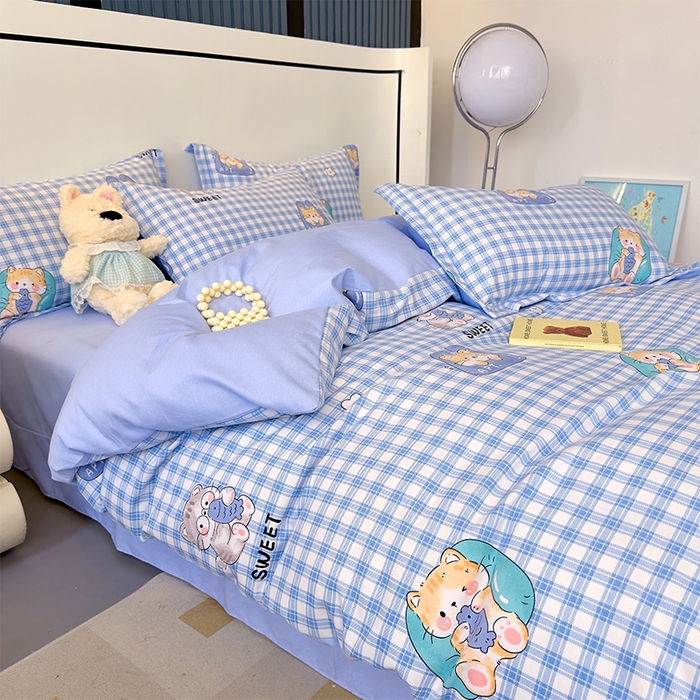 91家纺网 家纺一手货源 找家纺 优品阁 2024新款全棉磨毛四件套单品系列-单被套 喵喵-蓝