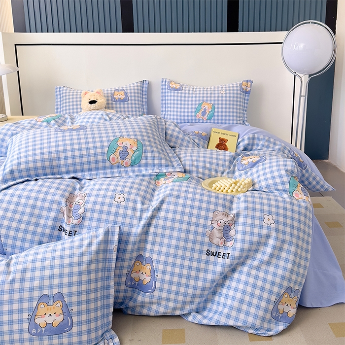 91家纺网 家纺一手货源 找家纺 优品阁 2024新款全棉磨毛四件套单品系列-单被套 喵喵-蓝