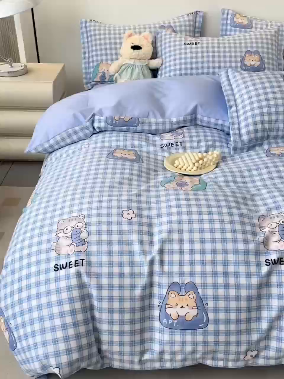 91家纺网 家纺一手货源 找家纺 优品阁 2024新款全棉磨毛四件套单品系列-单被套 喵喵-蓝