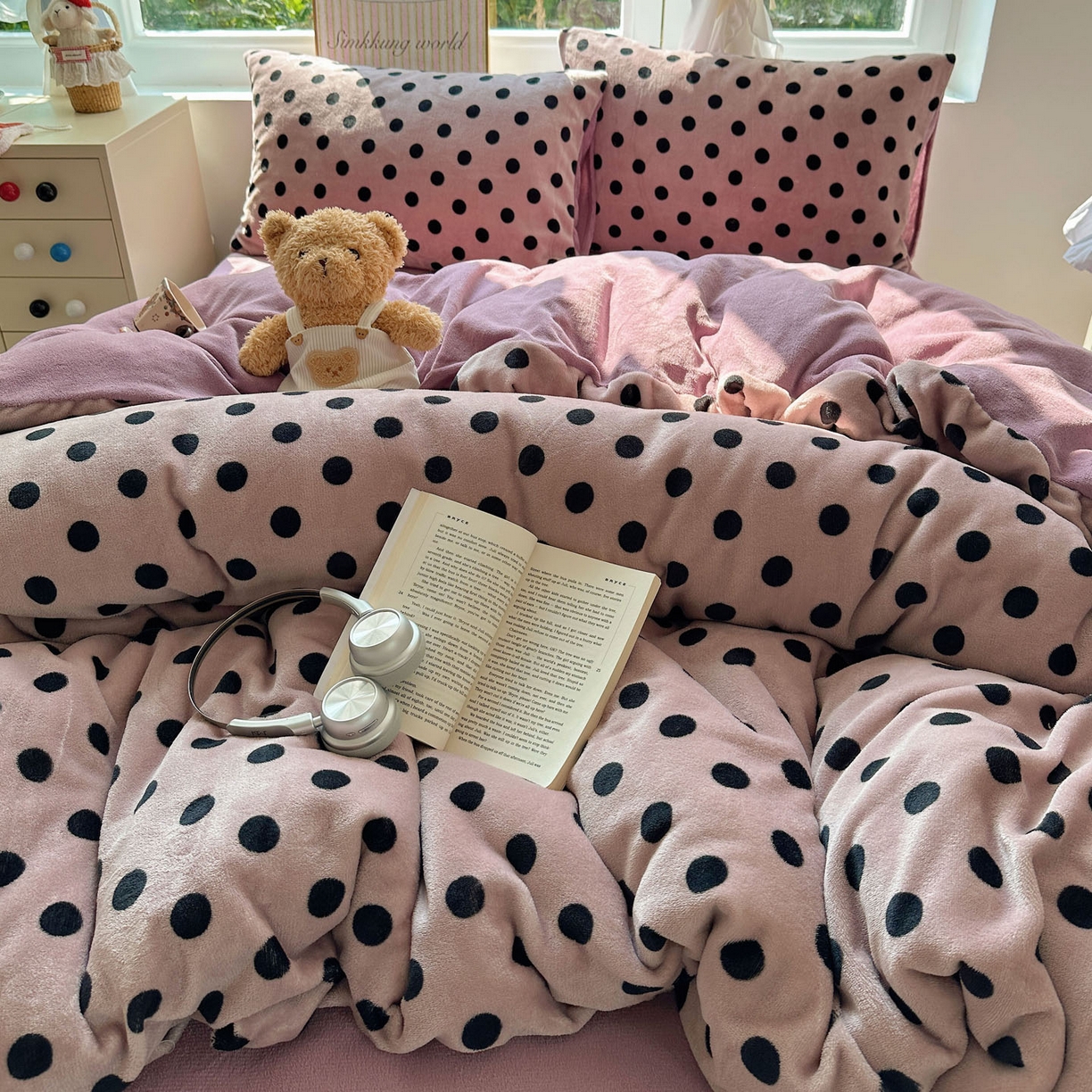 优选 2025新款小清新加厚高克重牛奶绒四件套直播热款新花型更新 波利圆点-紫