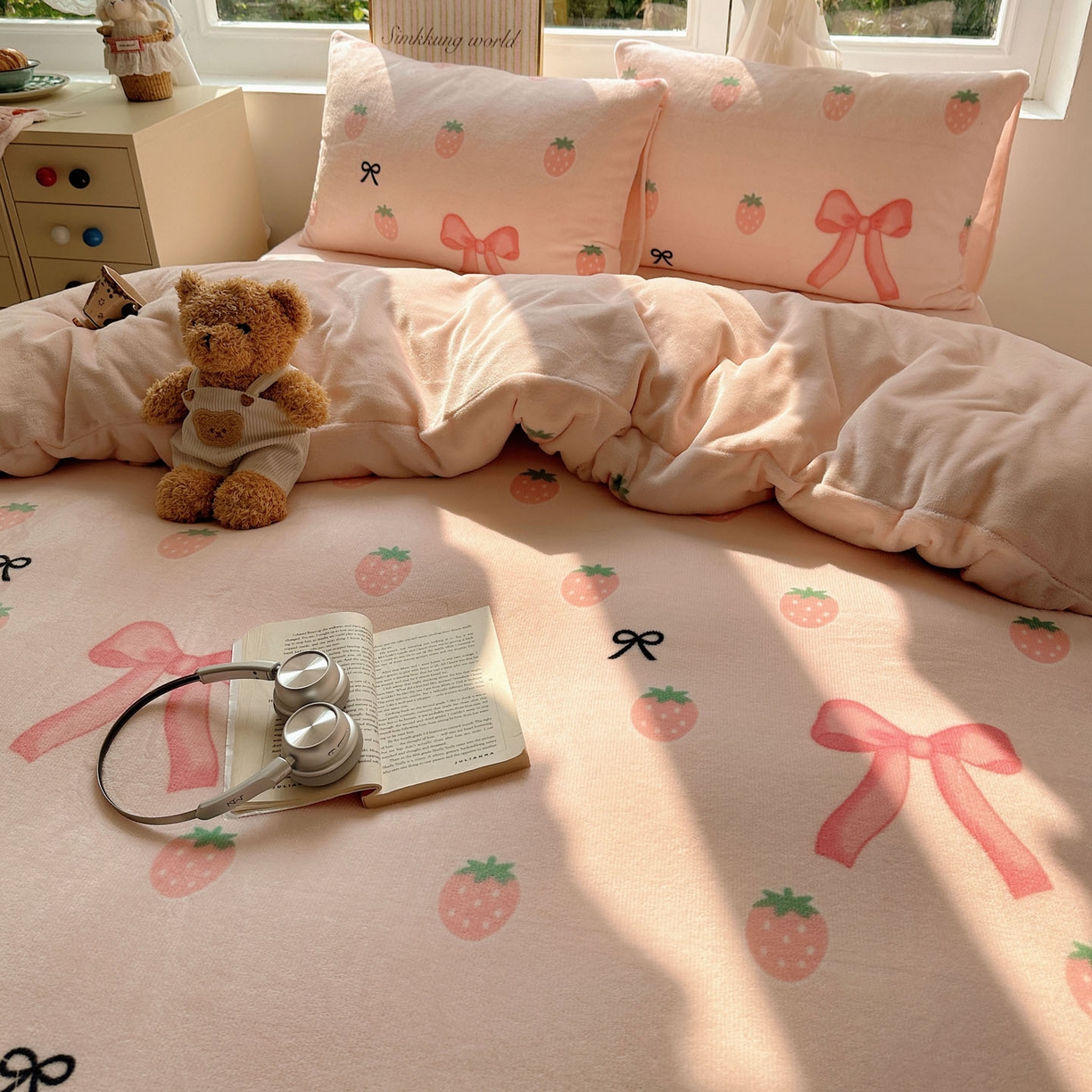 91家纺网 家纺一手货源 找家纺 优选 2025新款小清新加厚高克重牛奶绒四件套直播热款新花型更新 草莓蝴蝶结