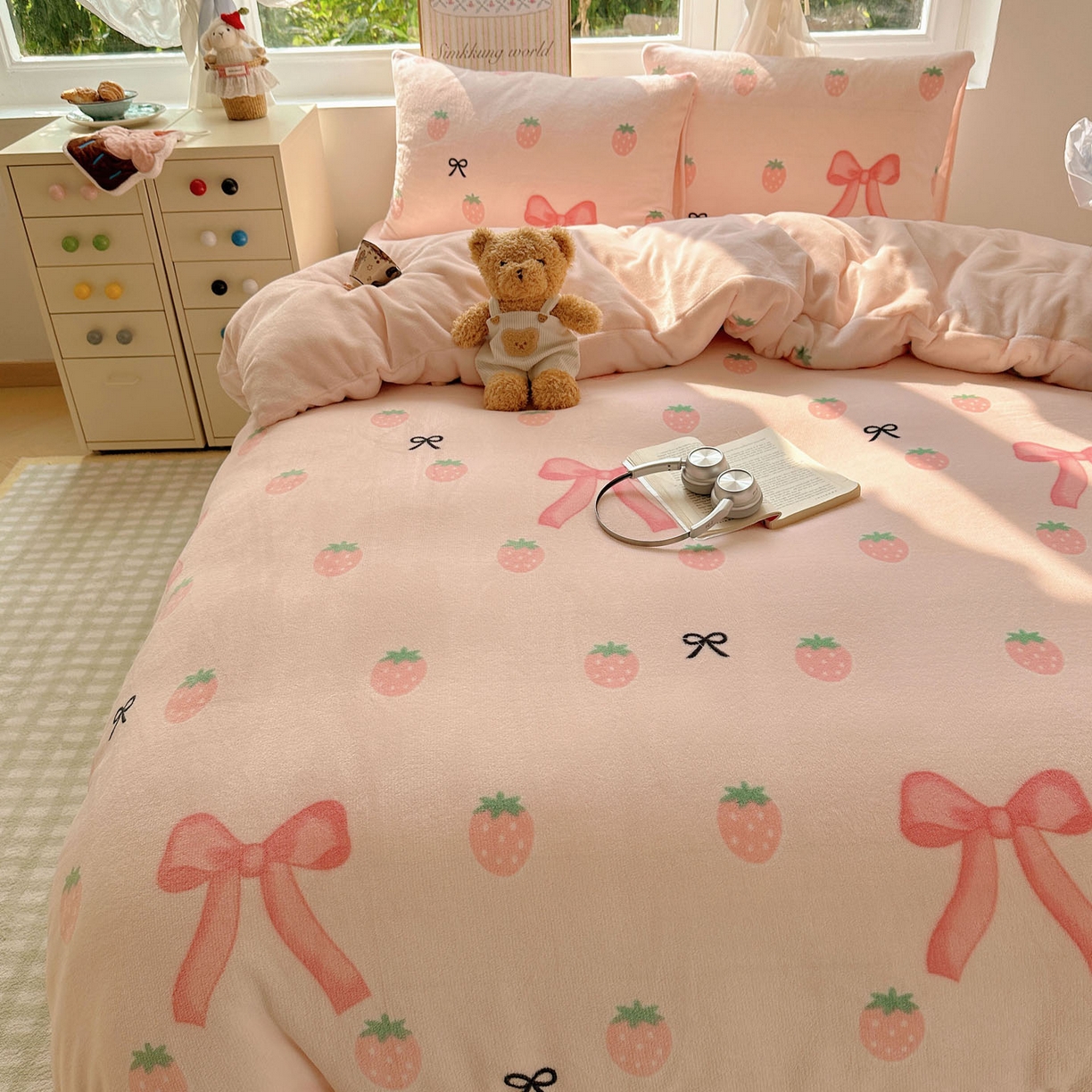 91家纺网 家纺一手货源 找家纺 优选 2025新款小清新加厚高克重牛奶绒四件套直播热款新花型更新 草莓蝴蝶结