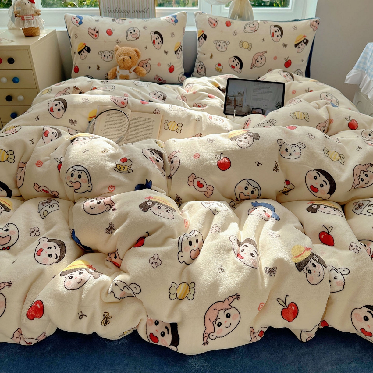 优选 2025新款小清新加厚高克重牛奶绒四件套直播热款新花型更新 欢乐男孩