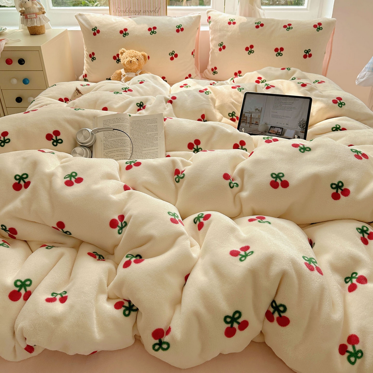 优选 2025新款小清新加厚高克重牛奶绒四件套直播热款新花型更新 粉色樱桃