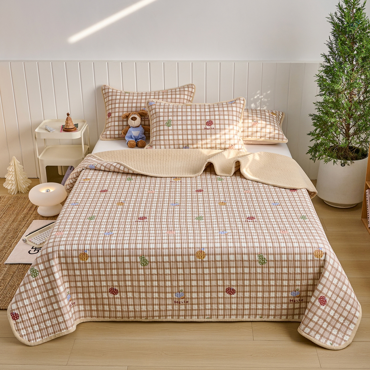 91家纺网 家纺一手货源 找家纺 X猫先生 2026新品A全棉B牛奶绒床盖一面全棉一面牛奶绒床盖炕盖加厚床单床垫四季款系列三 焦糖南瓜格（A棉B棉）