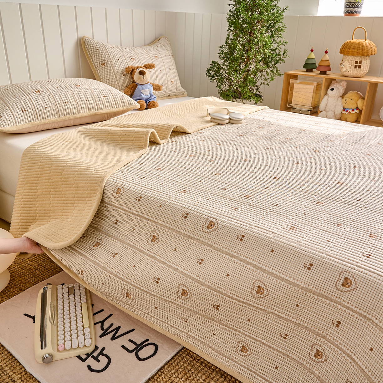 X猫先生 2026新品A全棉B牛奶绒床盖一面全棉一面牛奶绒床盖炕盖加厚床单床垫四季款系列三 熊熊告白(A棉B绒）