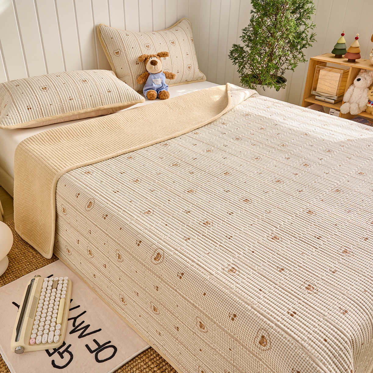 91家纺网 家纺一手货源 找家纺 X猫先生 2026新品A全棉B牛奶绒床盖一面全棉一面牛奶绒床盖炕盖加厚床单床垫四季款系列三 熊熊告白(A棉B绒）