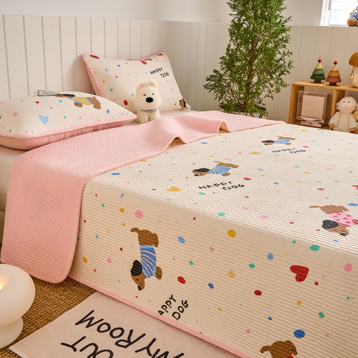 91家纺网 家纺一手货源 找家纺 X猫先生 2026新品A全棉B牛奶绒床盖一面全棉一面牛奶绒床盖炕盖加厚床单床垫四季款系列三 甜心汪星人（A棉B绒）