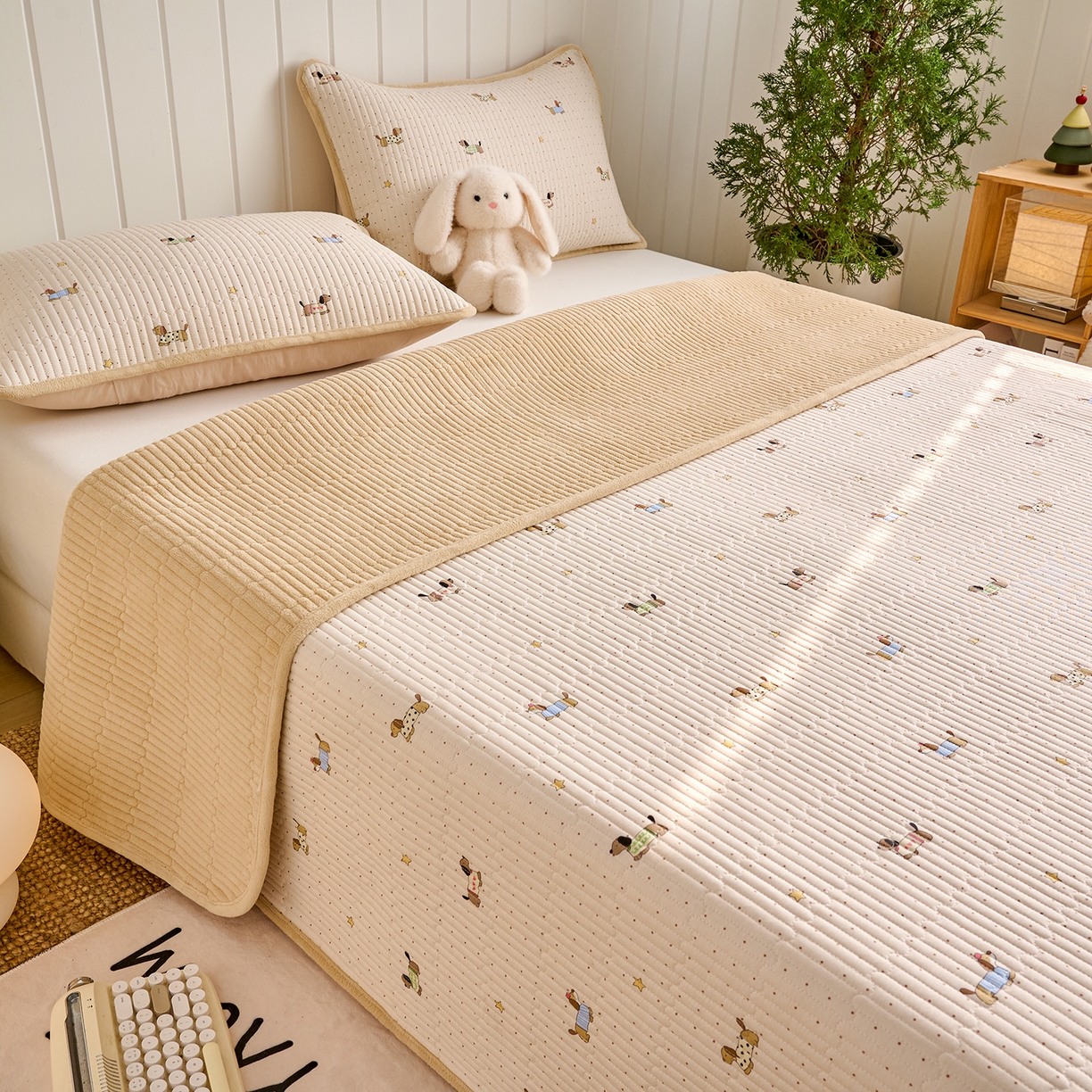 91家纺网 家纺一手货源 找家纺 X猫先生 2026新品A全棉B牛奶绒床盖一面全棉一面牛奶绒床盖炕盖加厚床单床垫四季款系列三 星星柯基（A棉B绒）