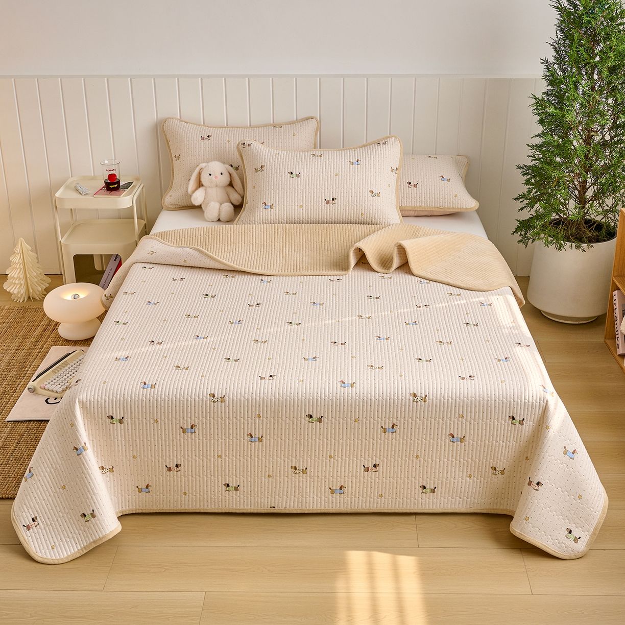 91家纺网 家纺一手货源 找家纺 X猫先生 2026新品A全棉B牛奶绒床盖一面全棉一面牛奶绒床盖炕盖加厚床单床垫四季款系列三 星星柯基（A棉B绒）