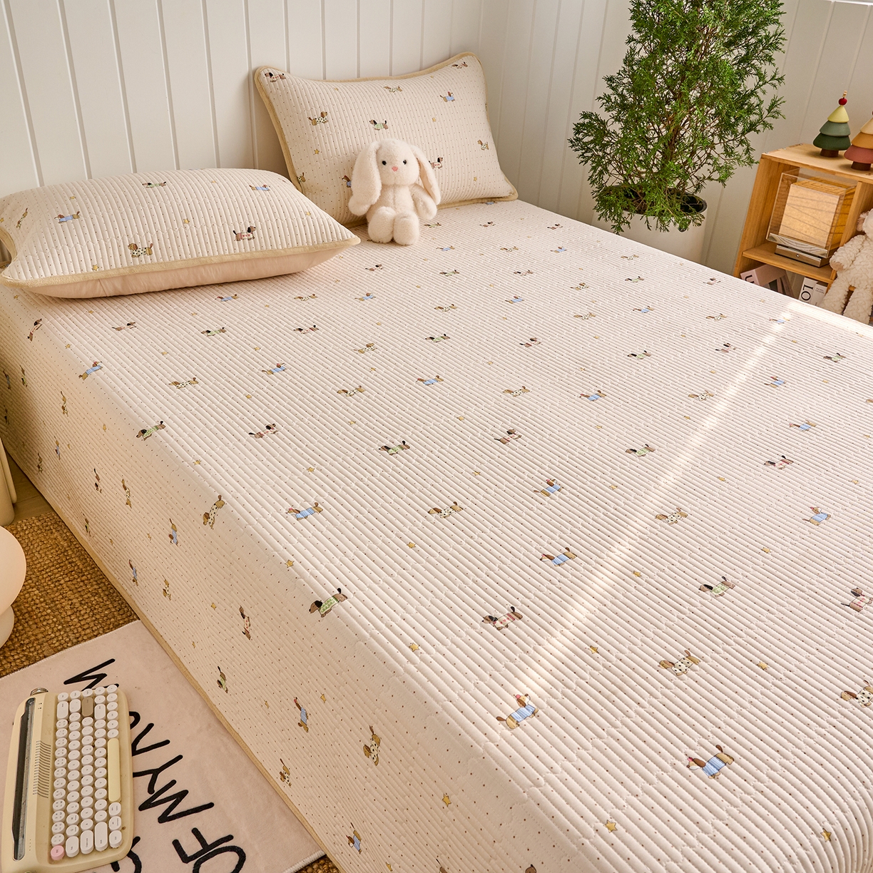 91家纺网 家纺一手货源 找家纺 X猫先生 2026新品A全棉B牛奶绒床盖一面全棉一面牛奶绒床盖炕盖加厚床单床垫四季款系列三 星星柯基（A棉B绒）