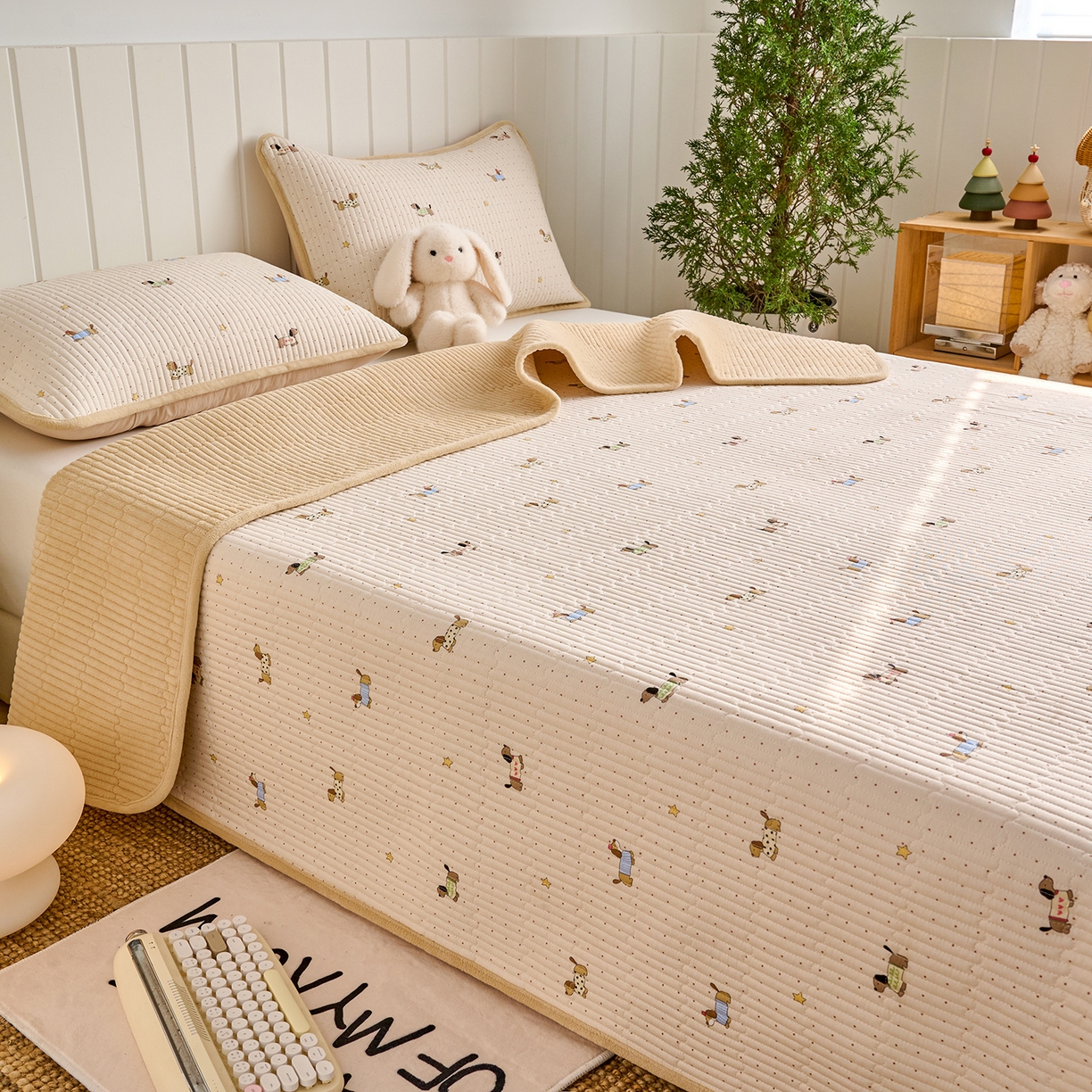 91家纺网 家纺一手货源 找家纺 X猫先生 2026新品A全棉B牛奶绒床盖一面全棉一面牛奶绒床盖炕盖加厚床单床垫四季款系列三 星星柯基（A棉B绒）