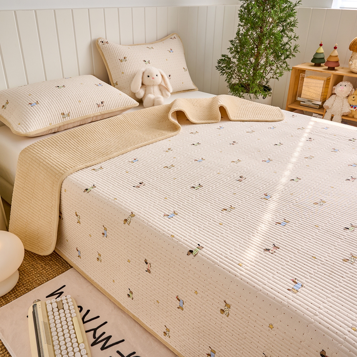 91家纺网 家纺一手货源 找家纺 X猫先生 2026新品A全棉B牛奶绒床盖一面全棉一面牛奶绒床盖炕盖加厚床单床垫四季款系列三 星星柯基（A棉B绒）