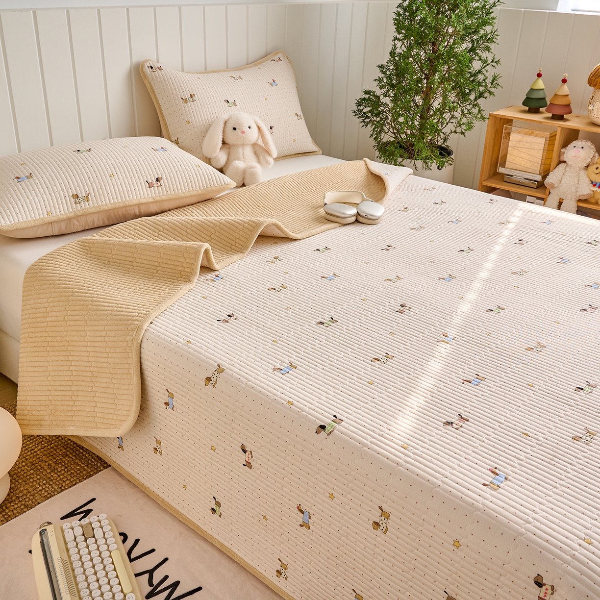 91家纺网 家纺一手货源 找家纺 X猫先生 2026新品A全棉B牛奶绒床盖一面全棉一面牛奶绒床盖炕盖加厚床单床垫四季款系列三 星星柯基（A棉B绒）