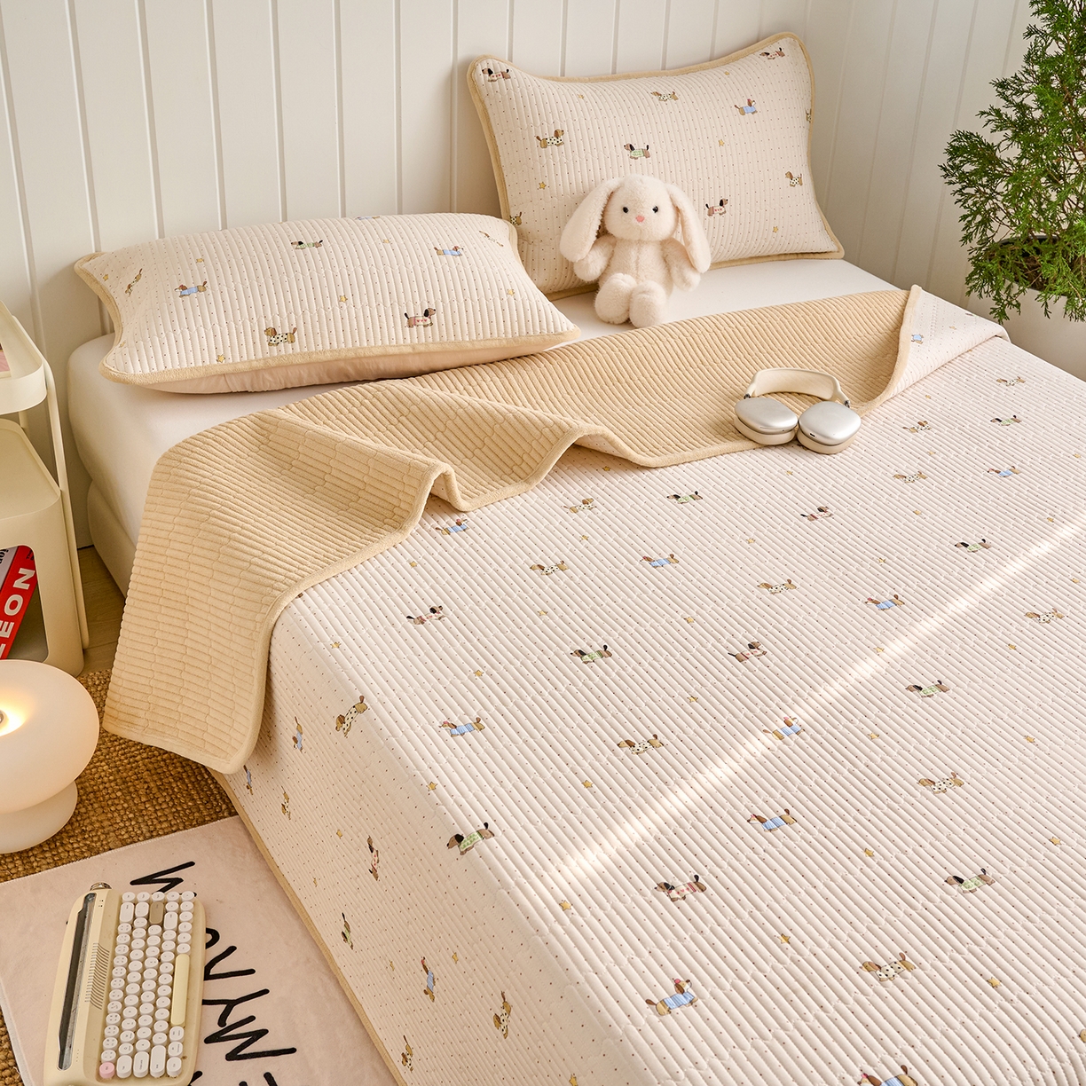 91家纺网 家纺一手货源 找家纺 X猫先生 2026新品A全棉B牛奶绒床盖一面全棉一面牛奶绒床盖炕盖加厚床单床垫四季款系列三 星星柯基（A棉B绒）