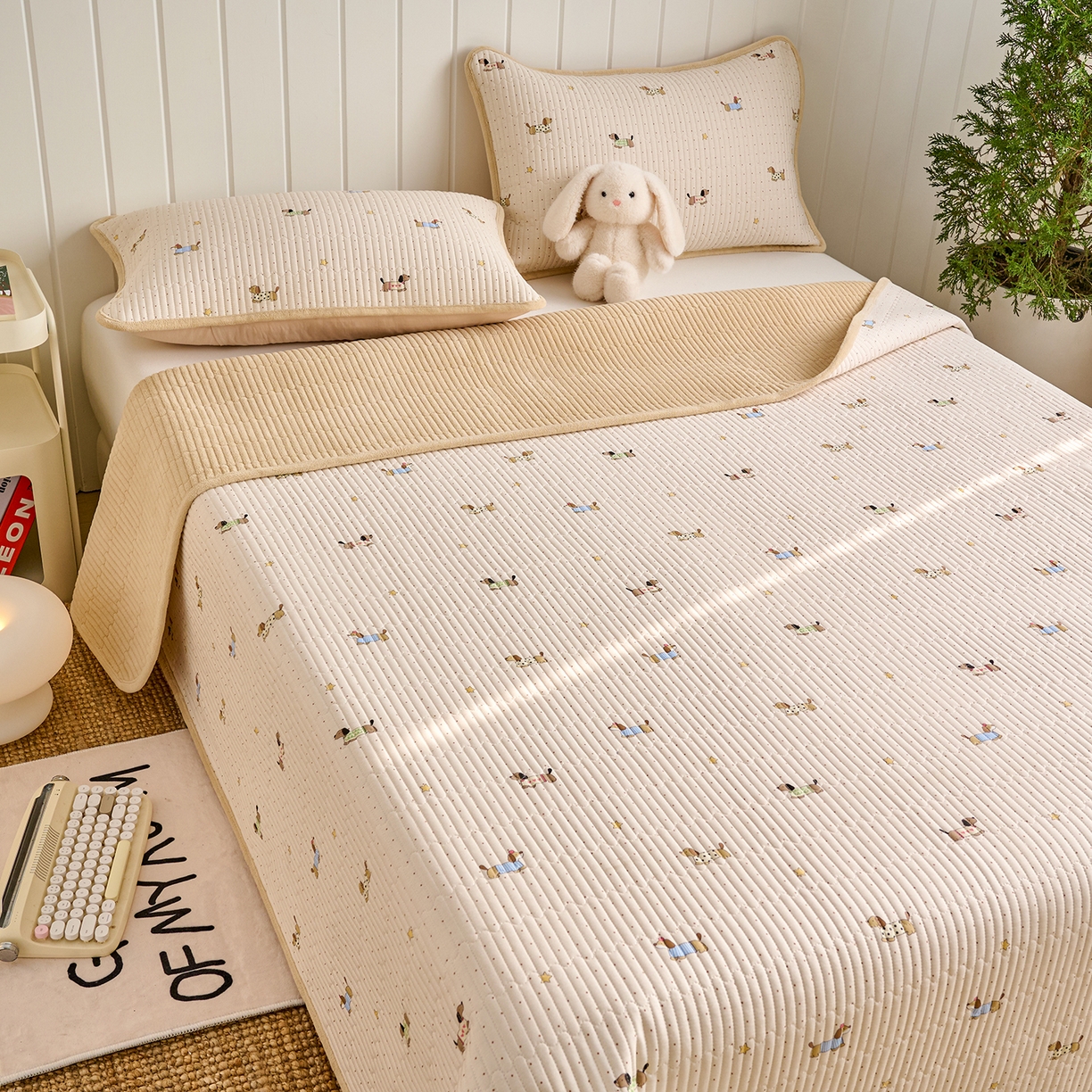 91家纺网 家纺一手货源 找家纺 X猫先生 2026新品A全棉B牛奶绒床盖一面全棉一面牛奶绒床盖炕盖加厚床单床垫四季款系列三 星星柯基（A棉B绒）