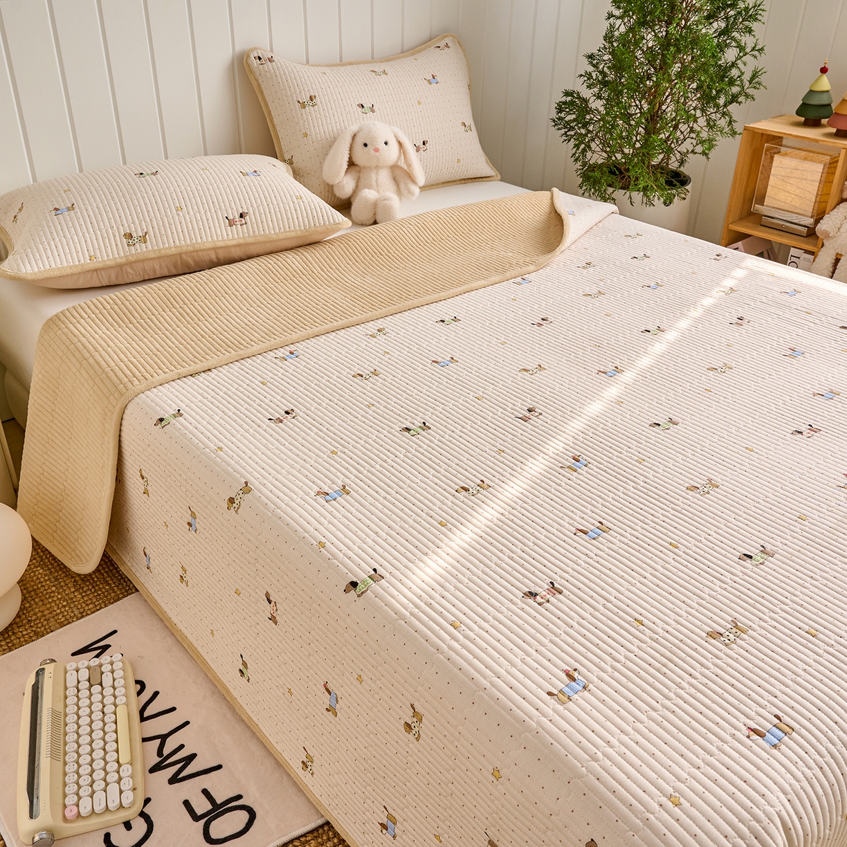 91家纺网 家纺一手货源 找家纺 X猫先生 2026新品A全棉B牛奶绒床盖一面全棉一面牛奶绒床盖炕盖加厚床单床垫四季款系列三 星星柯基（A棉B绒）