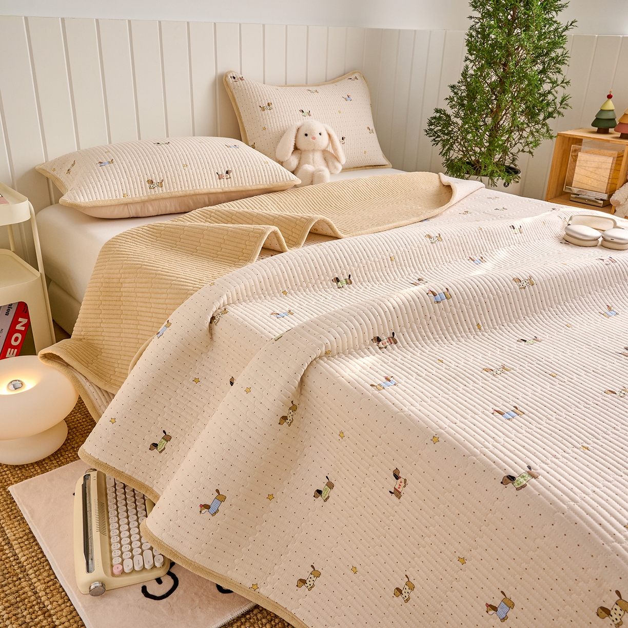 91家纺网 家纺一手货源 找家纺 X猫先生 2026新品A全棉B牛奶绒床盖一面全棉一面牛奶绒床盖炕盖加厚床单床垫四季款系列三 星星柯基（A棉B绒）