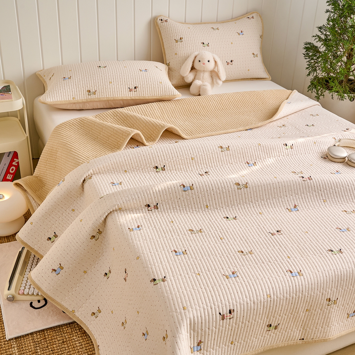 91家纺网 家纺一手货源 找家纺 X猫先生 2026新品A全棉B牛奶绒床盖一面全棉一面牛奶绒床盖炕盖加厚床单床垫四季款系列三 星星柯基（A棉B绒）