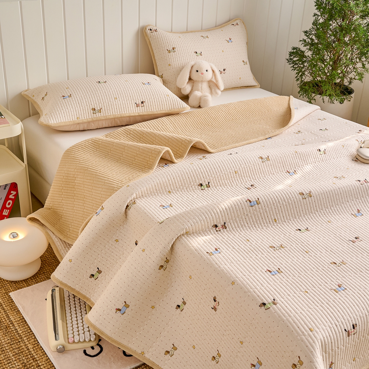 91家纺网 家纺一手货源 找家纺 X猫先生 2026新品A全棉B牛奶绒床盖一面全棉一面牛奶绒床盖炕盖加厚床单床垫四季款系列三 星星柯基（A棉B绒）