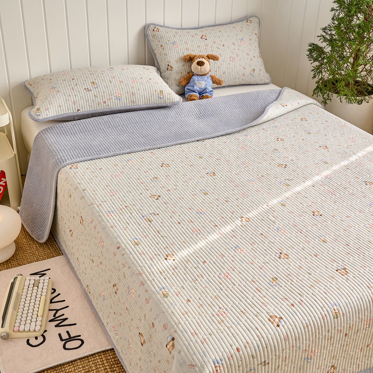 91家纺网 家纺一手货源 找家纺 X猫先生 2026新品A全棉B牛奶绒床盖一面全棉一面牛奶绒床盖炕盖加厚床单床垫四季款系列三 蘑菇小镇（A棉B绒）