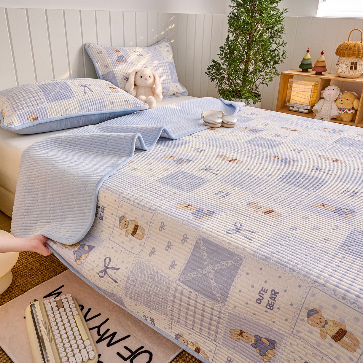 X猫先生 2026新品A全棉B牛奶绒床盖一面全棉一面牛奶绒床盖炕盖加厚床单床垫四季款系列三 蓝格童话（A棉B绒）
