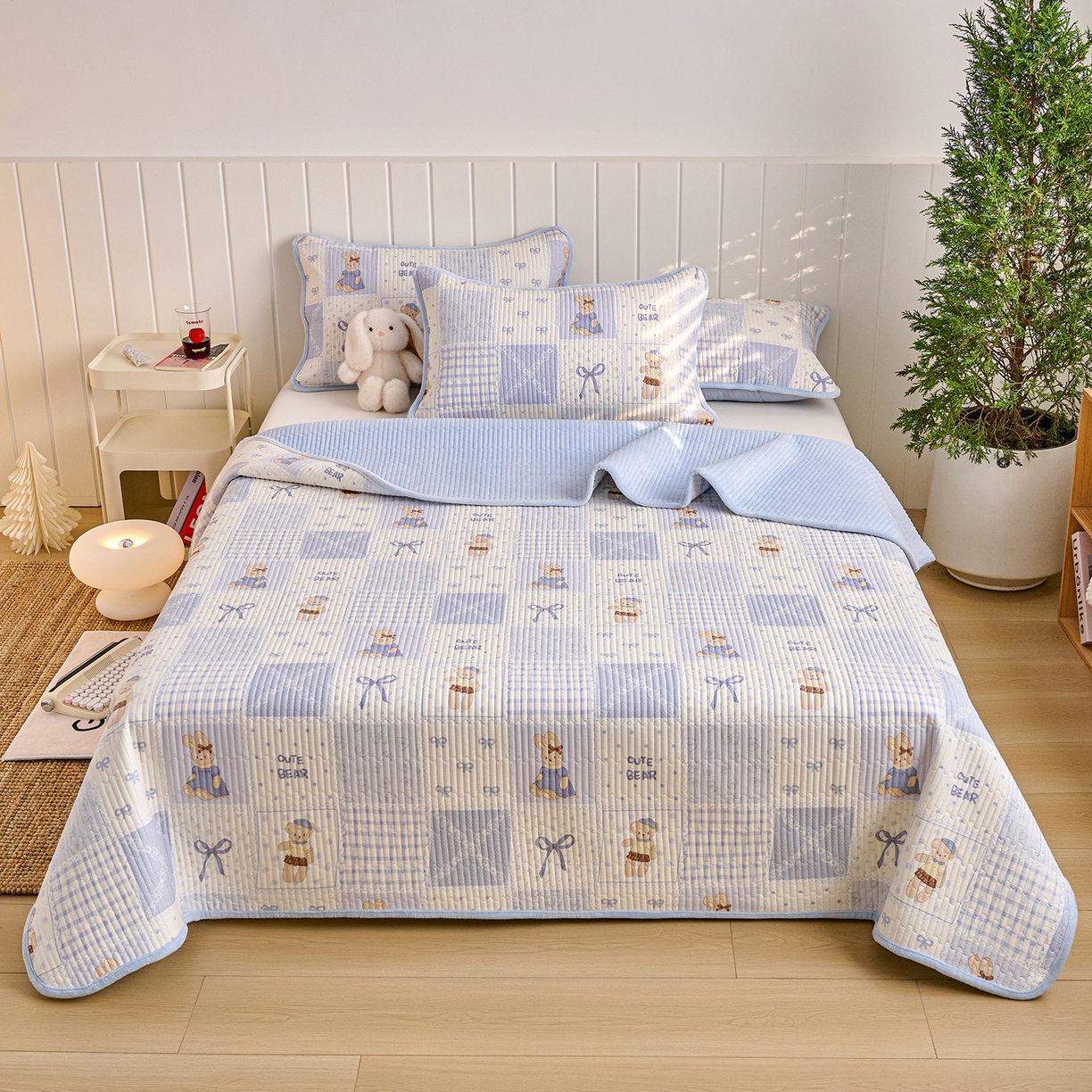 91家纺网 家纺一手货源 找家纺 X猫先生 2026新品A全棉B牛奶绒床盖一面全棉一面牛奶绒床盖炕盖加厚床单床垫四季款系列三 蓝格童话（A棉B绒）